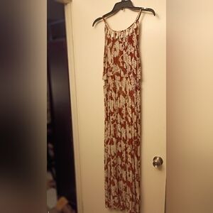 Elegant Brown and White Paisley Maxi Dress with Cutouts On Each Side Of Waist.